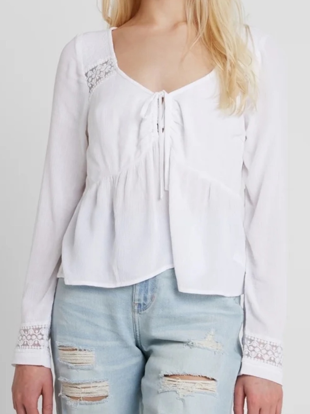 Hollister White Lace-Trim Tie-Front Peasant Top Size Medium